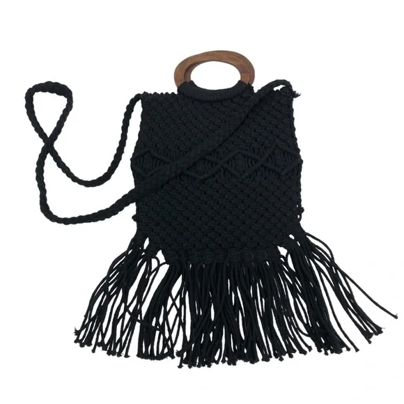 Danielle‎ Nicole Black Fringe Macrame Crochet Boho Hippie Crossbody Satchel Bag - Picture 2 of 7